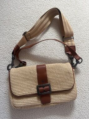 THINK ROYLN Beige Woven Shoulder Bag with Brown Leather Trim